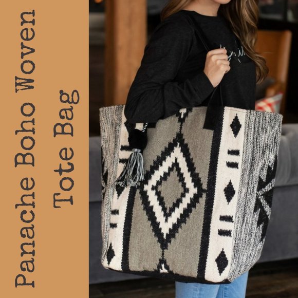 Panache Handbags - Panache Boho Aztec Woven Tote Bag With Pom Detail